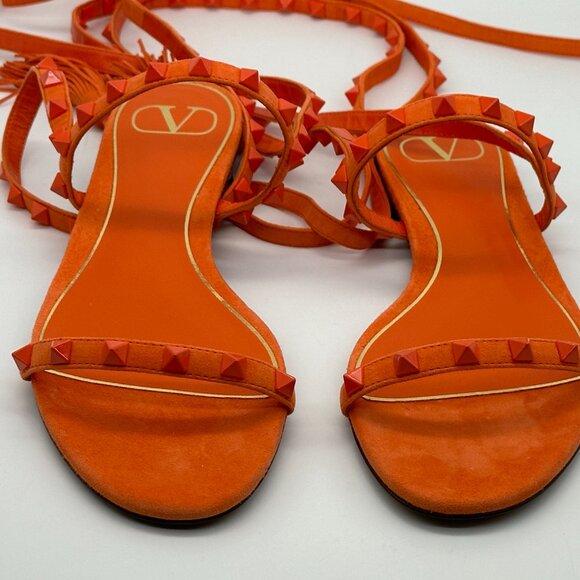 Valentino Rockstud Studded Suede Ankle Tie Flat Gladiator Sandals Shoes - Picture 8 of 12